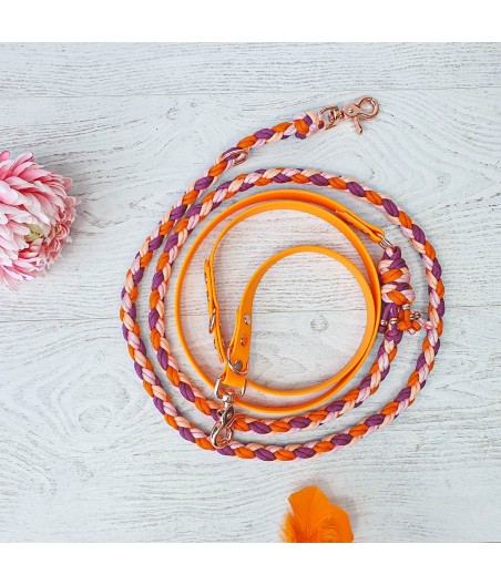 Laisse multiposition biothane orange et paracorde tressée rose et orange
