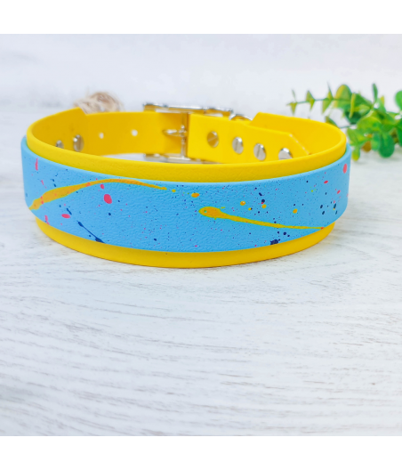 Collier biothane GEMMA jaune et bleu avec peinture